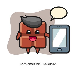 Chocolate bar illustration cartoon holding a smartphone, cute style design for t shirt, sticker, logo element