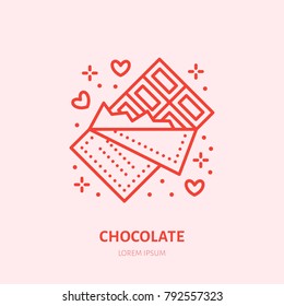 Chocolate bar illustration. Sweets flat line icon, candy shop logo. Valentines day present sign.