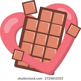 Barra de chocolate dentro de uma ilustração em forma de coração simbolizando amor, romance e guloseimas no Dia dos Namorados.