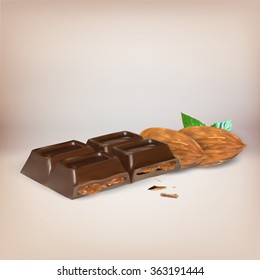 chocolate bar inside stuffing, icon, isolated vector object, almond truffle chocolate