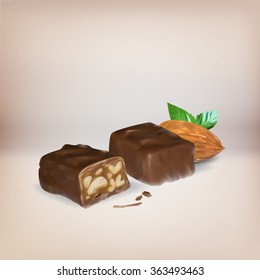 chocolate bar inside stuffing, icon, isolated vector object, almond truffle chocolate, peanut nuts