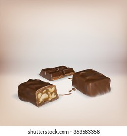 chocolate bar inside stuffing, icon, isolated vector object, peanut nuts truffle chocolate