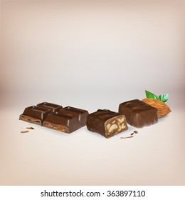 chocolate bar inside stuffing, icon, isolated vector object, almond truffle chocolate, peanut nuts