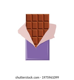 Chocolate bar isolated on white background. Cacao yummy snack. Vector illustration.