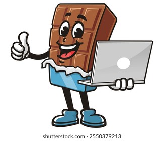 Chocolate Bar with Laptop,  Cartoon Mascot Illustration Character Vector Clip-art Hand-drawn Logo Design