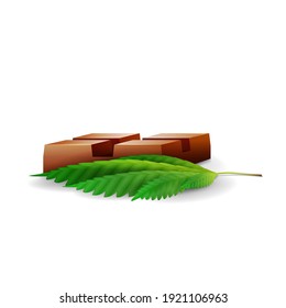Barra de chocolate con hoja de cannabis al estilo de dibujos animados volumétricos aislados en fondo blanco. Barra de chocolate con CBD