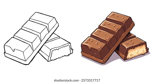 Chocolate Bar Line Art Vector Illustration Black and White with Coloring Sample. Bold and Easy Food, Sweets, Drinks, Dessert, and Snacks Coloring Pages for Adults and Kids.