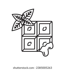 Chocolate bar with liquid mint filling and leaves vector line icon for Chocolate Mint Day on February 19