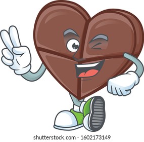 Chocolate bar love cartoon mascot style with two fingers