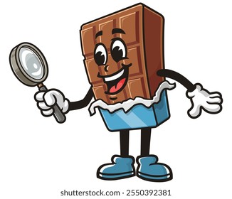 Chocolate Bar with magnifying glass,  Cartoon Mascot Illustration Character Vector Clip-art Hand-drawn Logo Design