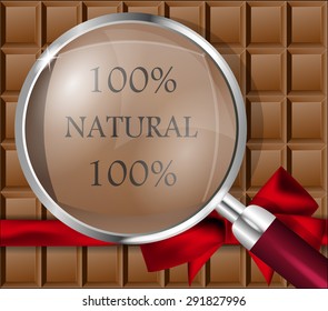 Chocolate bar with a magnifying glass. Vector illustration.