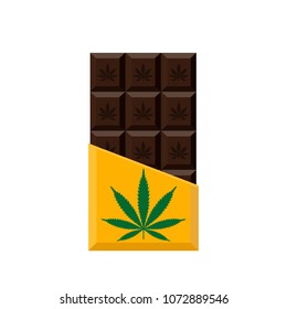 Chocolate Bar with marijuana leaf. Narcotic sweets. Isolated vector illustration on white background.
