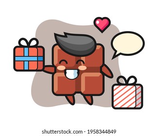 Chocolate bar mascot cartoon giving the gift, cute style design for t shirt, sticker, logo element