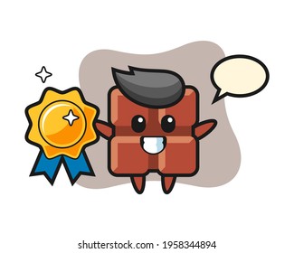 Chocolate bar mascot illustration holding a golden badge, cute style design for t shirt, sticker, logo element