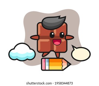 Chocolate bar mascot illustration riding on a giant pencil, cute style design for t shirt, sticker, logo element