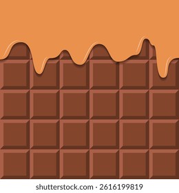 Chocolate Bar with Melting Caramel Border. Sweet Choco Background.