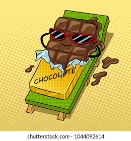 Chocolate bar melts on beach pop art retro vector illustration. Cartoon food character. Color background. Comic book style imitation.