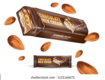 Chocolate bar with milk cream and almond seeds in polymer packaging isolated on white background, Vector realistic 3d illustration. of free space for your copy and branding. Food concept.