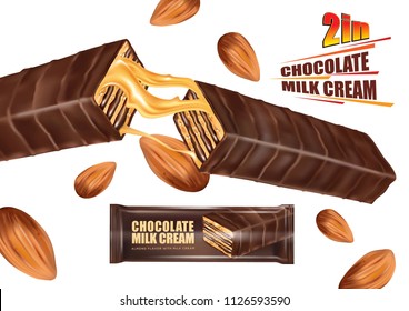 Chocolate bar with Milk creame flavor and almond seeds, package in the middle isolated on white background for your brand, Vector realistic in 3d illustration. Food concept.