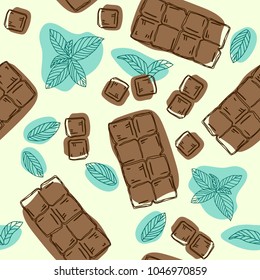 Chocolate bar and mint flavor vector seamless pattern. Food background. Hand drawn illustration.