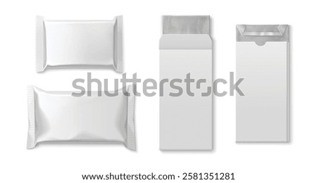 Chocolate bar mockup set with blank wrapper templates - foil sealed snack packets, cardboard boxes with flaps and paper sleeves. Clean white surface packaging design for branding presentation.