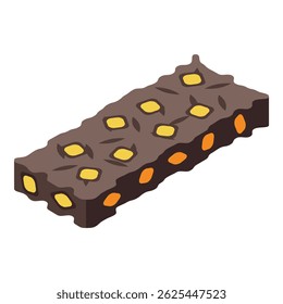Chocolate bar with nuts and pieces of dried fruits isometric icon for web design isolated on white background