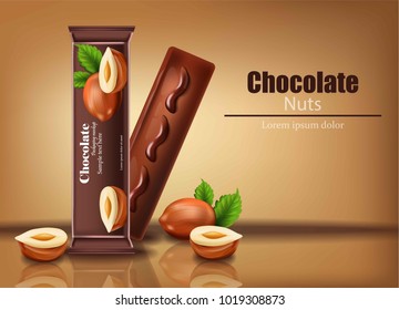 Barra de chocolate con nueces Vector Realista. Diseño de etiquetas de embalaje de productos maquetas caramelos