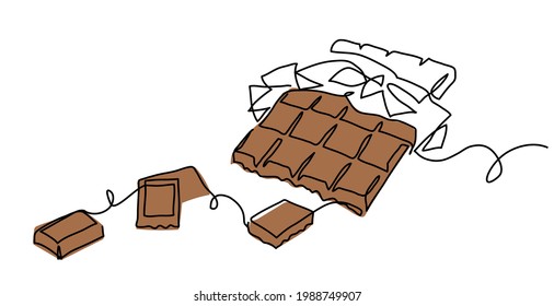 Chocolate bar one continuous line drawing. Unfolded chocolate minimal vector illustration with pieces.