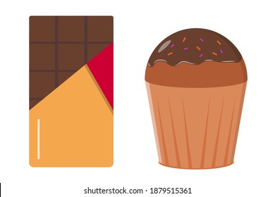Chocolate bar in open package and cupcake with chocolate glaze and sweet powder. Vector EPS10 flat icons illustration on isolated white background. 