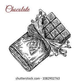 Chocolate bar in open package. Sketch. Engraving style. Vector illustration.