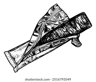 Barra de chocolate en boceto de embalaje abierto. Bocadillo de dulces. Dibujado a mano ilustración de línea de Vector.
