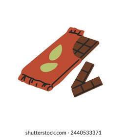 Chocolate bar in open wrapper. Pieces of milk or dark cocoa dessert. Sweet organic food with low calorie, dairy free. Natural vegan confection. Flat isolated vector illustration on white background