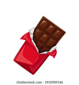 Chocolate bar in the open wrapper vector icon. Chocolate sweets illustration for ad design confectionery shop.