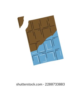 Barra de chocolate con una lámina azul abierta aislada sobre fondo blanco. Ilustración vectorial. Barra de chocolate con leche. 