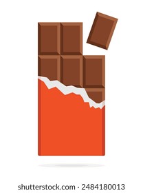 Chocolate bar in opened orange wrap and foil isolated on white background, dessert, vector illustration in flat style. Chocolate bar on white background. Milk chocolate bar.