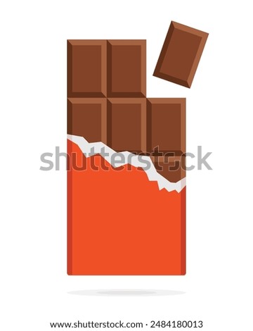 Chocolate bar in opened orange wrap and foil isolated on white background, dessert, vector illustration in flat style. Chocolate bar on white background. Milk chocolate bar.