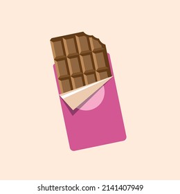 Barra de chocolate con envoltura rosada abierta y aislada de lámina, ilustración vectorial de estilo plano.
