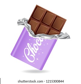 Chocolate bar in opened purple wrapped and foil isolated on white background, dessert, vector illustration in flat style