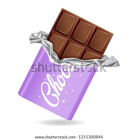 Chocolate bar in opened purple wrapped and foil isolated on white background, dessert, vector illustration in flat style