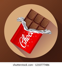Chocolate bar in opened red wrapped and foil, dessert, vector illustration in flat style. Chocolate icon flat