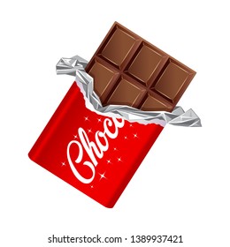 Chocolate bar in opened red wrapped and foil isolated on white background, dessert, vector illustration in flat style