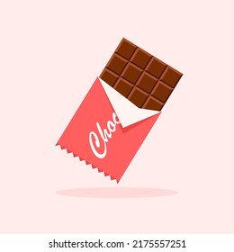 Chocolate bar in opened red wrapped and foil. Dessert template. Vector illustration in trendy flat style isolated.