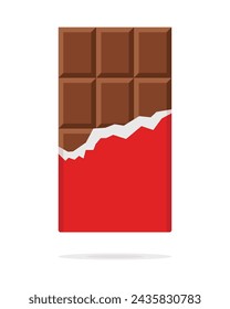 Chocolate bar in opened red wrapped and foil isolated on white background, dessert, vector illustration in flat style. Chocolate bar on white background, vector illustration. Milk chocolate bar. 
