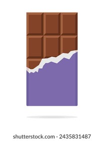 Barra de chocolate en violeta abierto envuelto y papel de aluminio aislado sobre fondo blanco, postre, ilustración vectorial en estilo plano. Barra de chocolate sobre fondo blanco, ilustración vectorial. Barra de chocolate con leche. 