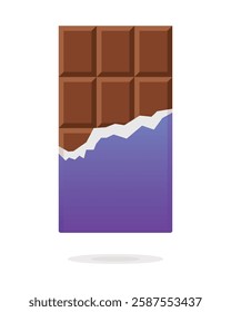 Chocolate bar in opened violet wrapped and foil isolated on white background, dessert, vector illustration in flat style. Chocolate bar on white background, vector illustration. Milk chocolate bar. 