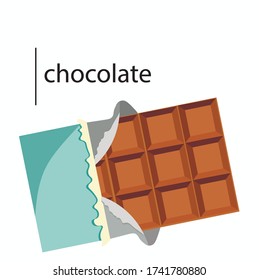 Chocolate bar in opened wrapped and foil isolated on white background, dessert, vector illustration in flat style