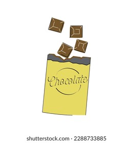 Chocolate bar in opened yellow wrapped isolated on white background. Vector illustration.  