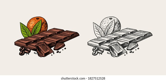 Chocolate bar with orange and coffee beans. Engraved hand drawn vintage sketch. Woodcut style. 