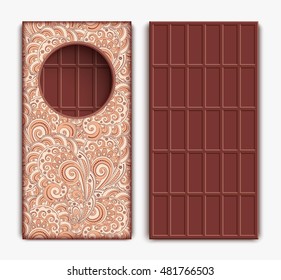 Chocolate bar in ornamental wrapper and unpacked on white, eps10 vector illustration