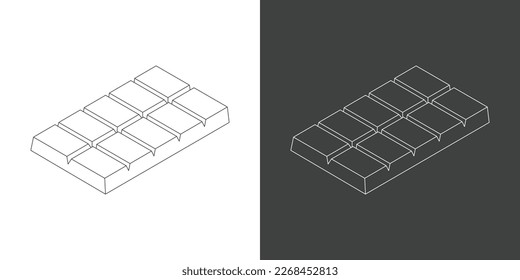 Chocolate bar outline drawing vector illustration isolated on black and white background. Square chocolate vector illustration in isometric style. Chocolate bar line art. Linear style